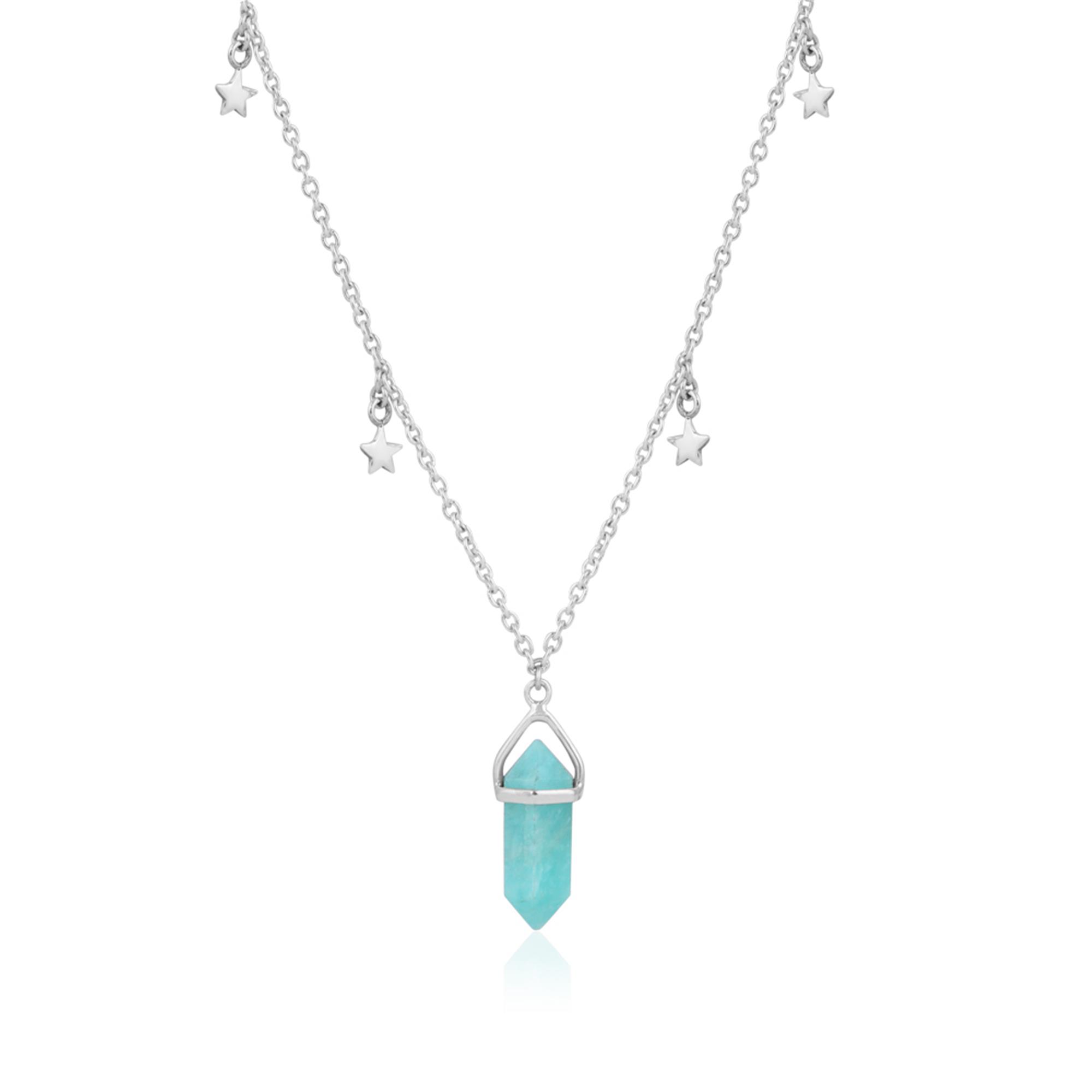Natural Amazonite Pencil Shape 925 Sterling Silver Reiki Point Pendulum Pendant Necklace With Star Charms On The Chain  