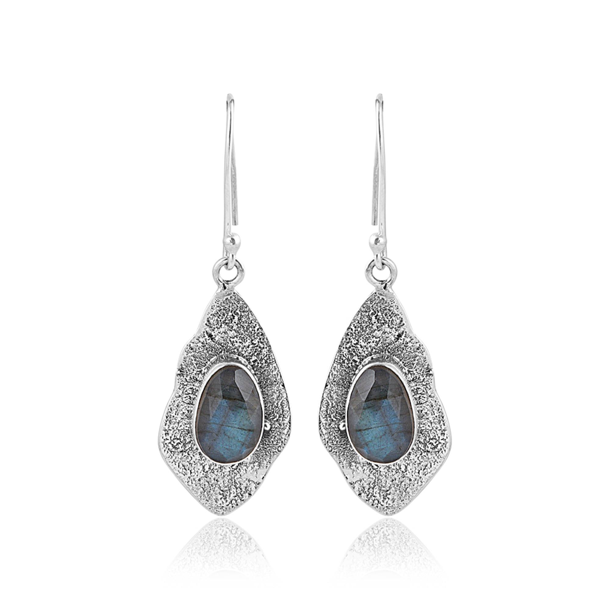 Ethic Design Natural Labradorite Gemstone Sterling Silver Dangle Earrings 