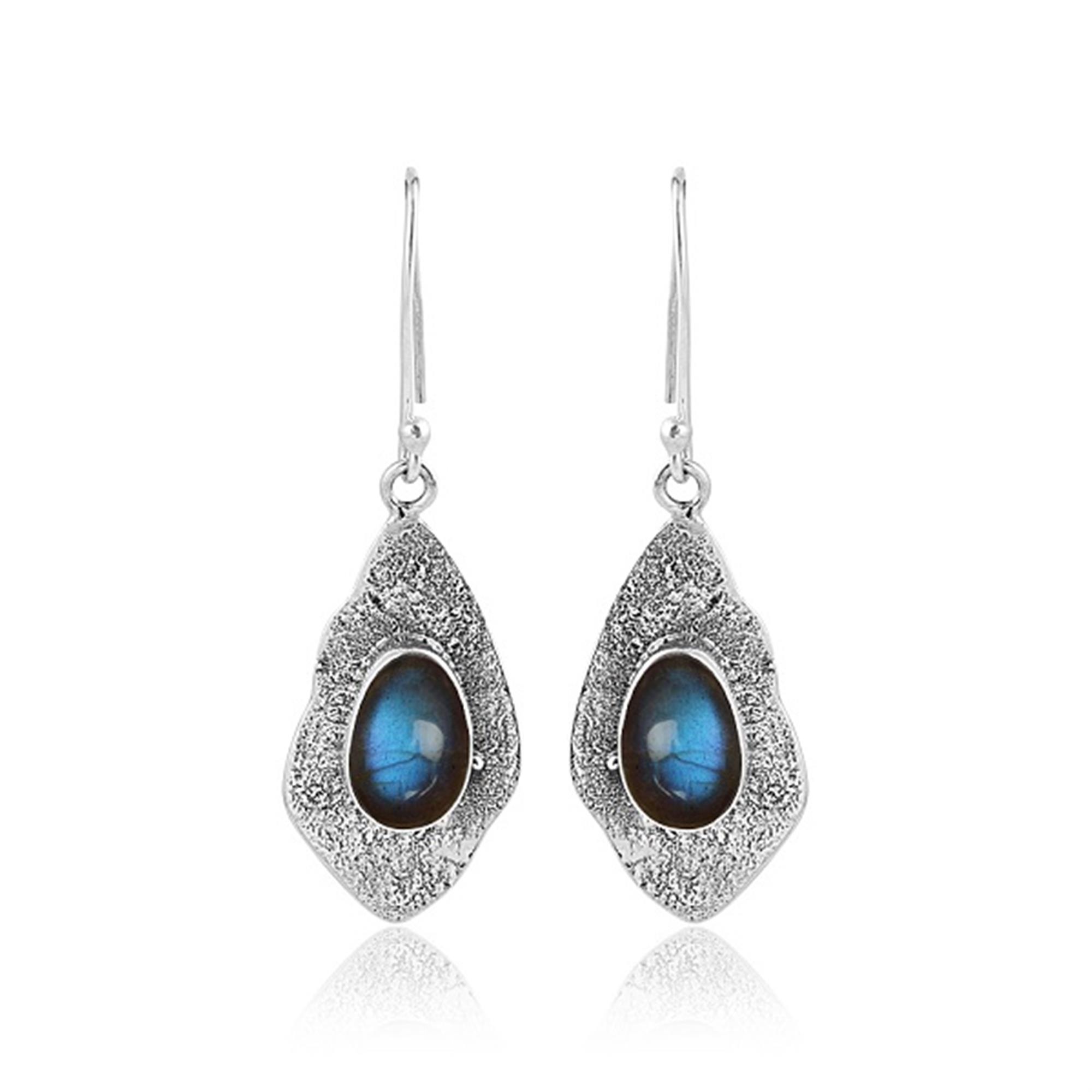 Ethic Design Natural Labradorite Gemstone Sterling Silver Dangle Earrings 