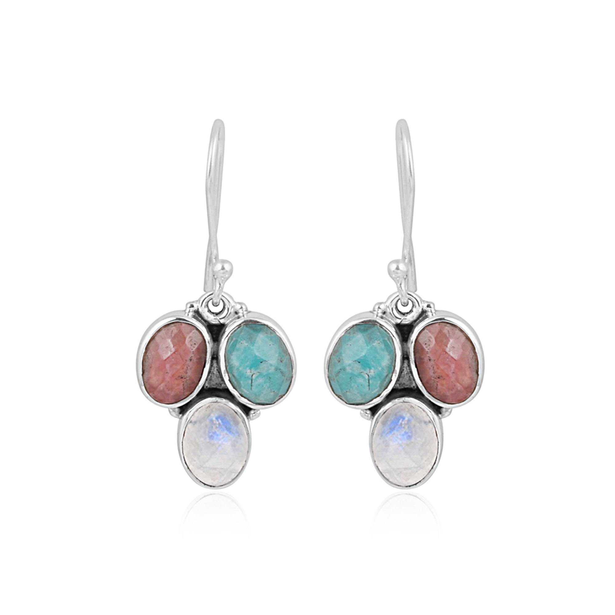 Rainbow Moonstone, Amazonite, Rhodolite Gemstone Sterling Silver Multi Stone Gemstone Hook Dangle Earrings 