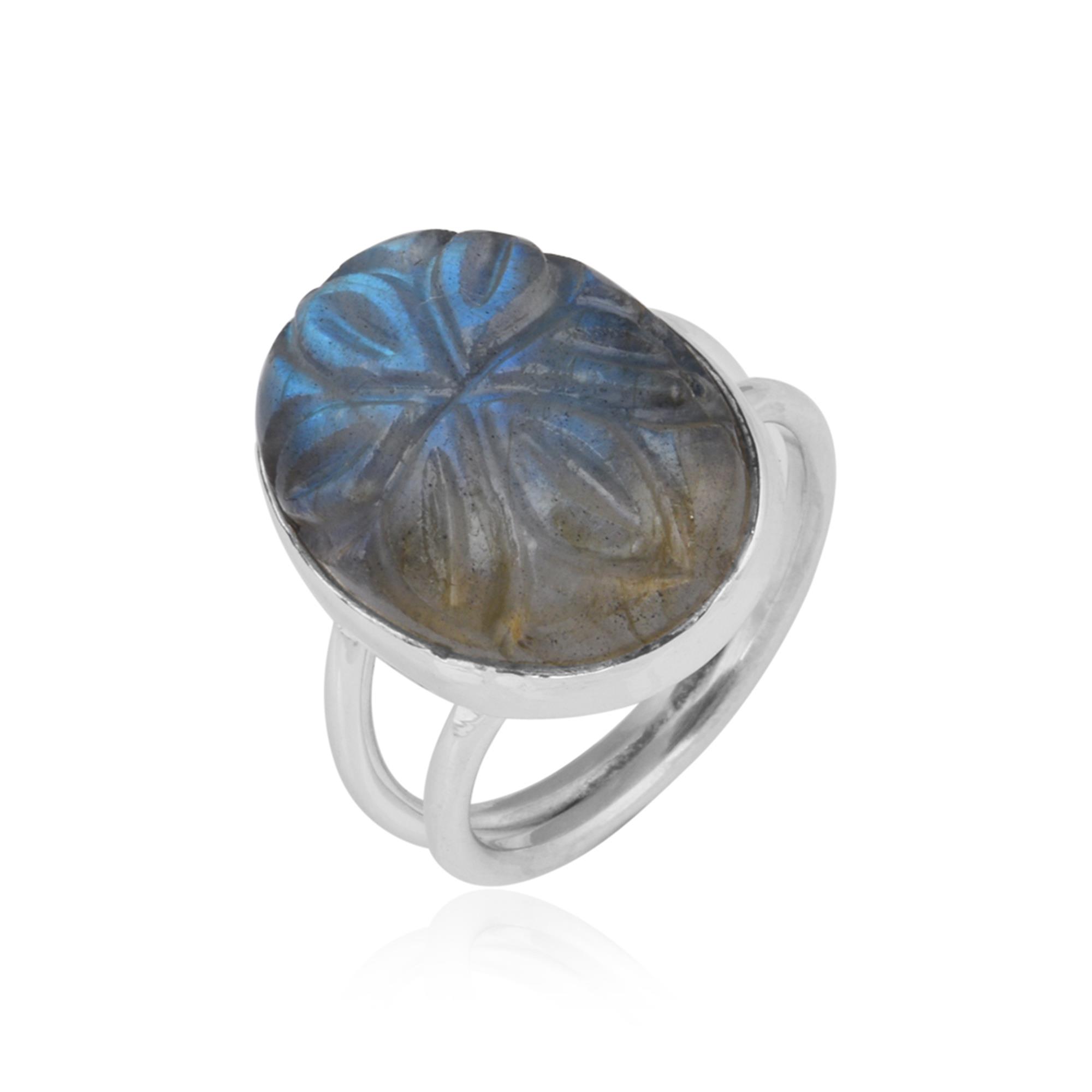 Handmade Carving Natural Labradorite Gemstone Sterling Silver Ring  