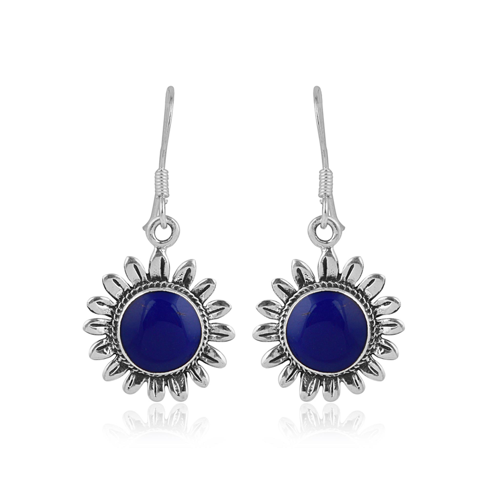 Round Lapis Lazuli Gemstone 925 Sterling Silver Floral Design Dangle Earrings 