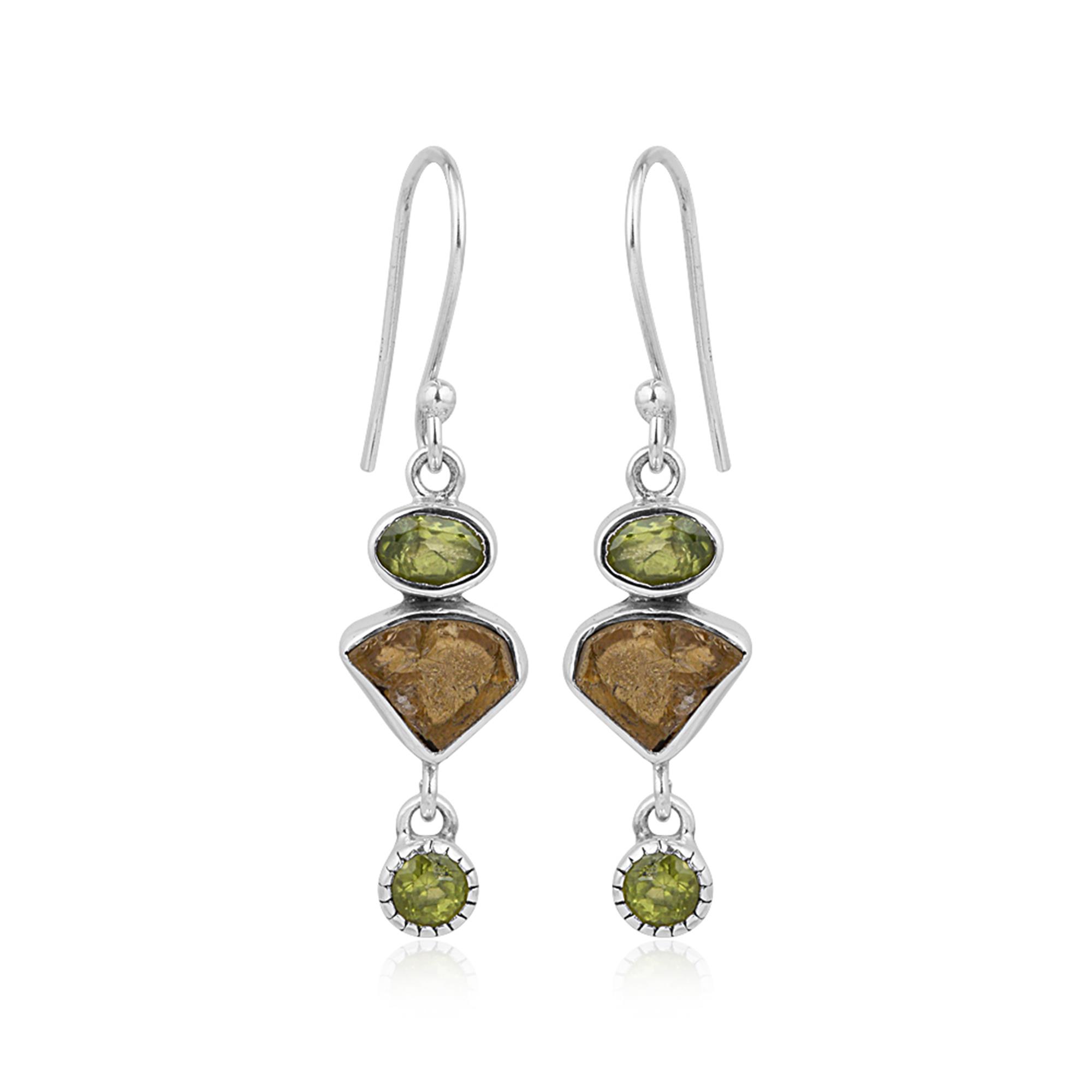 Natural Raw Peridot & Citrine Gemstone Sterling Silver Handmade Dangle Earrings  