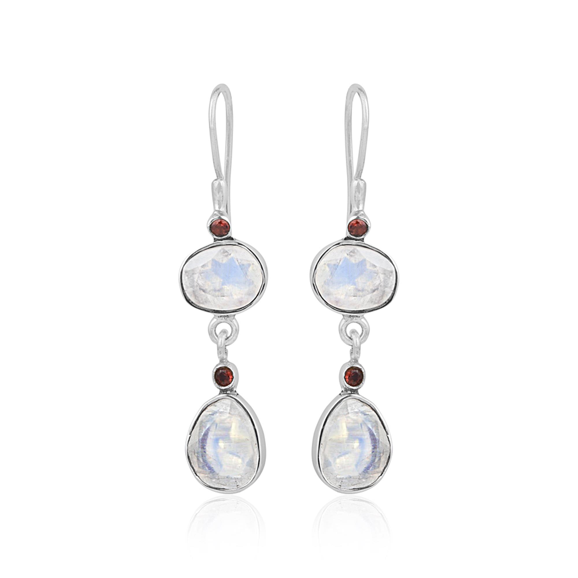 Natural Multi Oval Flashy Moonstone and Garnet Sterling Silver Dangle Earrings Wholesaler 