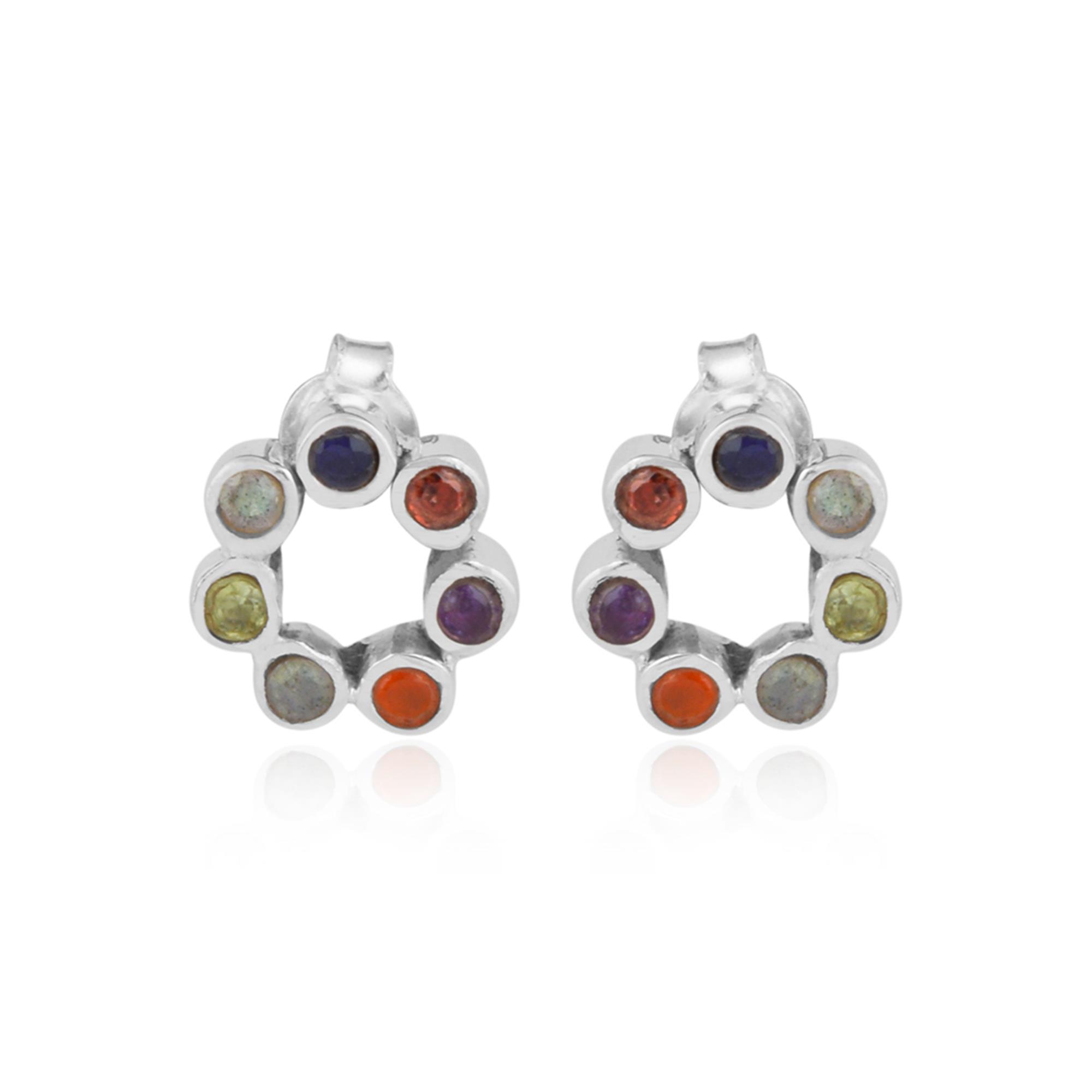 Multi Gemstone Floral Design Chakra Stud Earrings 