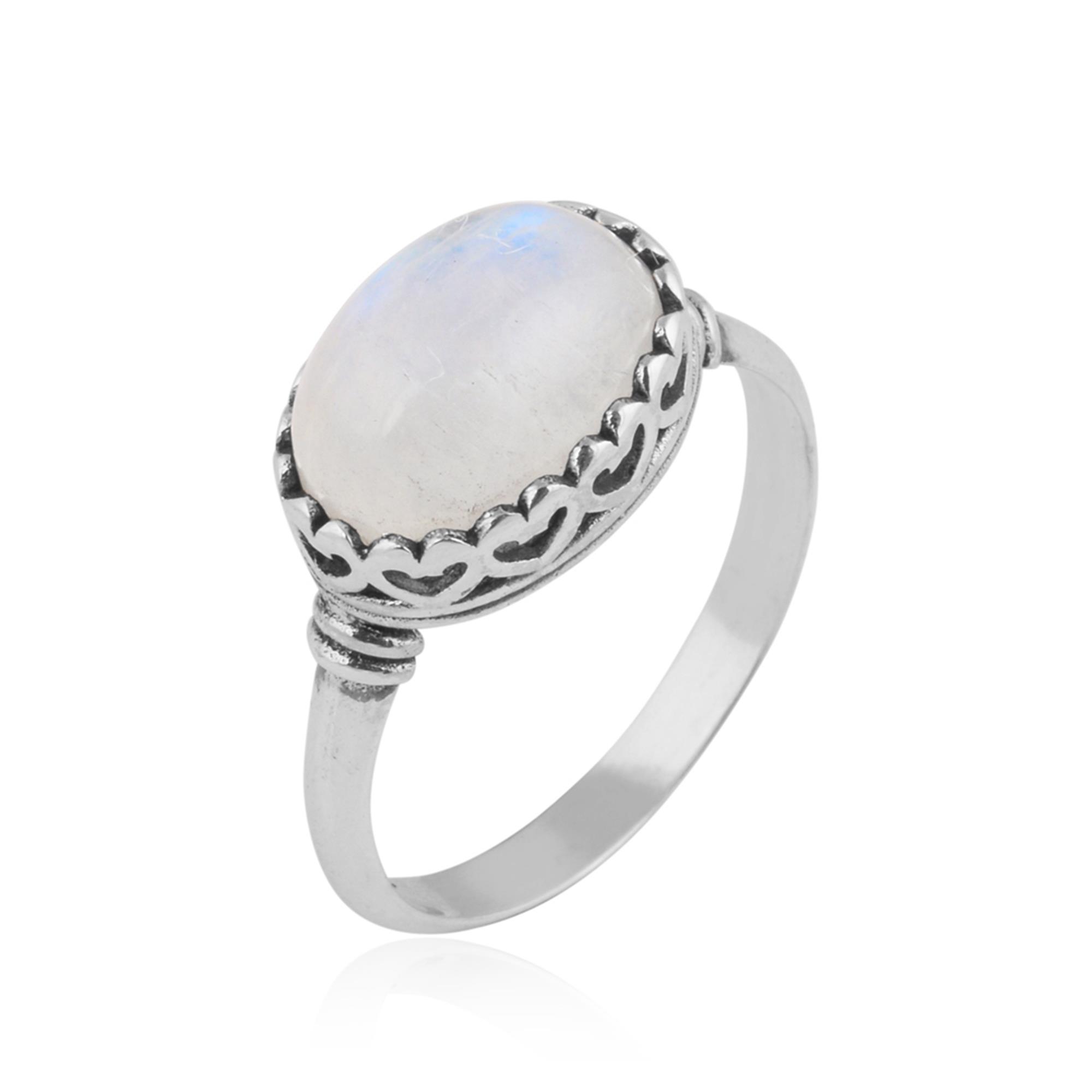 Oval Cab Natural Rainbow Moonstone 925 Sterling Silver Ring 