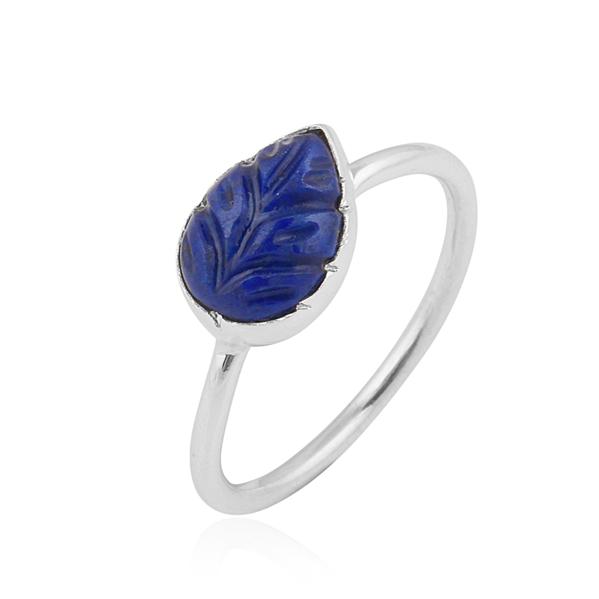 Handmade Carving Natural Lapis Lazuli Gemstone Sterling Silver Stackable Ring 