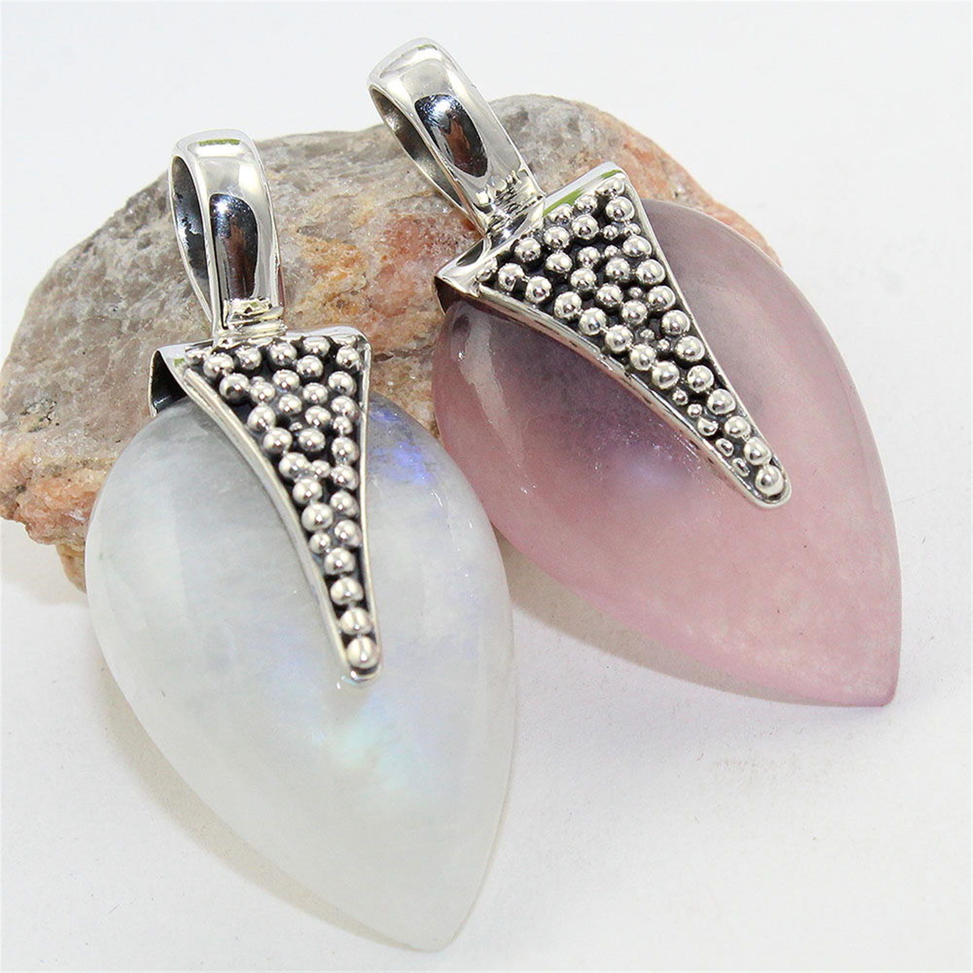 Dazzling pair 925 sterling silver rose quartz , moonstone gemstone pendant wholesale jewelry exporter fashion silver pendant 