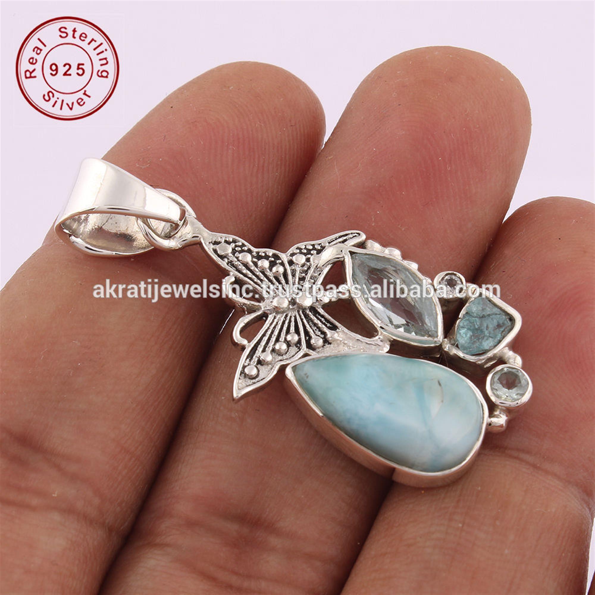 Butterfly design larimar & blue topaz gemstone 925 sterling silver pendant handmade silver jewelry fashion gemstone jewelry 