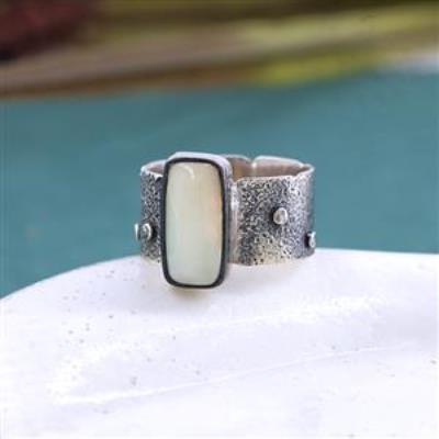  Ethiopian Opal Baguette Shape Ring 925 Sterling Silver Textured Band Jewelry US 8  | Akrati Jewels Inc