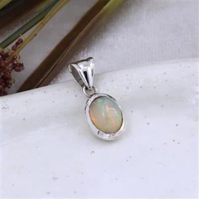 Minimalist Ethiopian Opal Oval Shaped Silver Pendant  | Akrati Jewels Inc