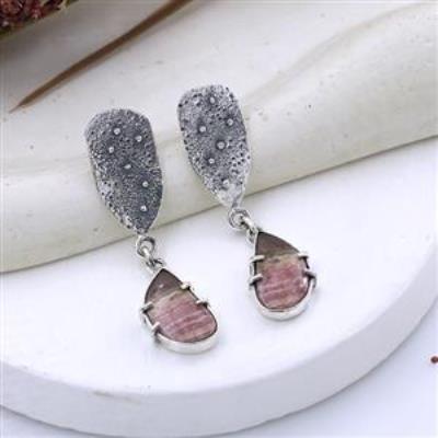 Pink Rhodochrosite Rustic Sterling Silver Drop Earrings  | Akrati Jewels Inc