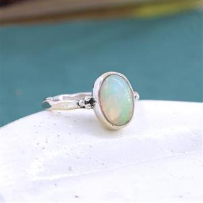 925 Sterling Silver Ethiopian Opal Oval Shaped Band Ring US 9 | Akrati Jewels Inc