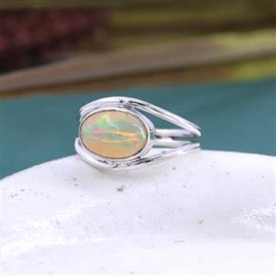 925 Sterling Silver Ethiopian Opal Oval Shaped Split Band Ring US 8 | Akrati Jewels Inc