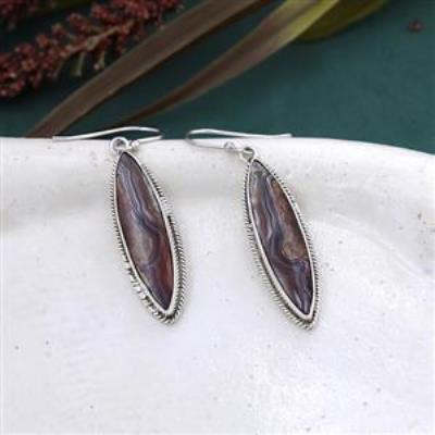 Elegant Looking Marquise Shape Crazy Lace Agate Silver Long Earring | Akrati Jewels Inc