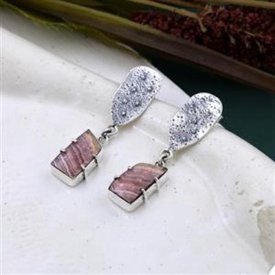 Long Rhodochrosite Textured 925 Sterling Silver Stud Earrings | Akrati Jewels Inc