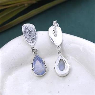 Blue Flash Moonstone Rustic Sterling Silver Drop Stud Earring | Akrati Jewels Inc