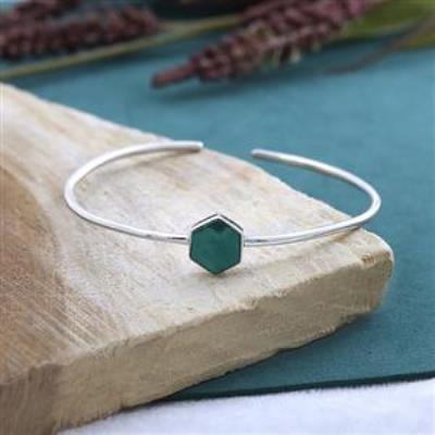 Elegant Hexagonal Green Malachite 925 Silver Boho Cuff Bangle Jewelry  | Akrati Jewels Inc