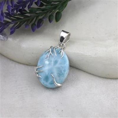 Hnadcrafted Ocean Inspired Larimar Gemstone Silver Boho Pendant | Akrati Jewels Inc