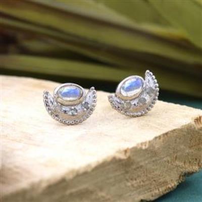 Half Moon Design Natural Labradorite 925 Sterling Silver Stud Earring Jewelry Supplier | Akrati Jewels Inc