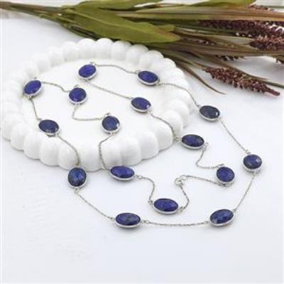 Long Double Layer Checker Stone 40 Inch Sterling Silver Handmade Necklace Fine Jewelry Distributor | Akrati Jewels Inc