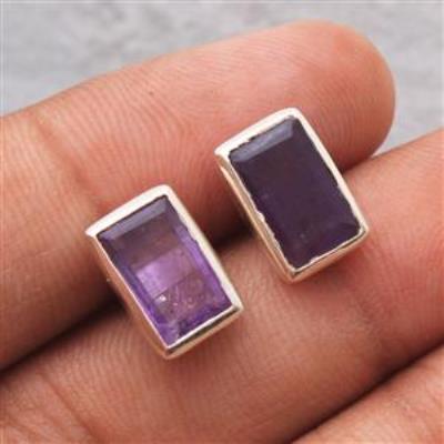 Rectangluo Amethyst Silver Earring Stud | Akrati Jewels Inc