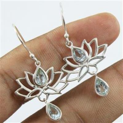 Lotus Design Blue Topaz Silver Earring | Akrati Jewels Inc