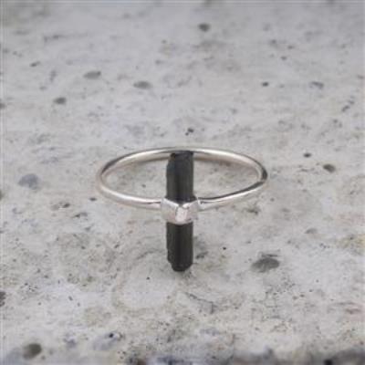 Natural Black Tourmaline Pencil Shape Stone Silver Ring | Akrati Jewels Inc