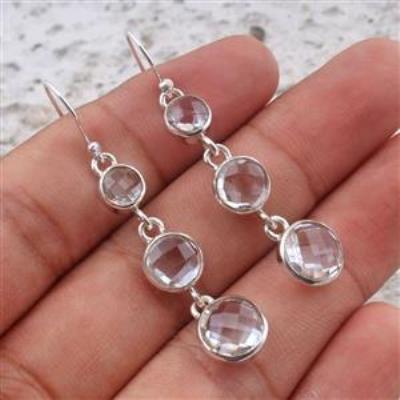 Crystal Quartz Triple Stone Sterling Silver Earring | Akrati Jewels Inc