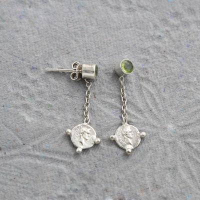 Ancient Coin Caesar Sterling Silver Peridot Earring | Akrati Jewels Inc