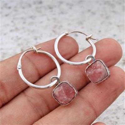 Rhodochrosite Gemstone Rough, Sterling Silver Hoops Earring | Akrati Jewels Inc
