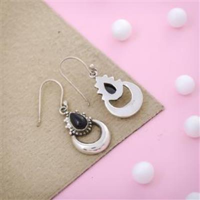 Crescent Moon Sterling Silver Black Onyx Earring | Akrati Jewels Inc