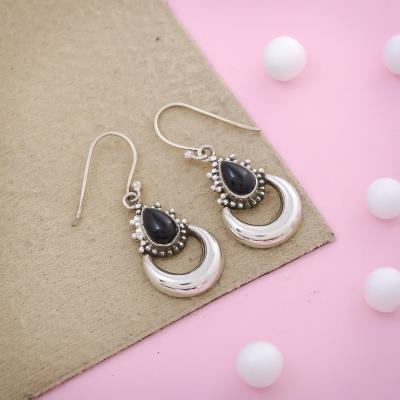 Crescent Moon Sterling Silver Black Onyx Earring | Akrati Jewels Inc