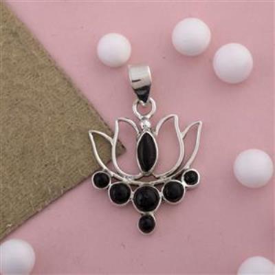Lotus Design Sterling Silver Black Onyx Pendant | Akrati Jewels Inc