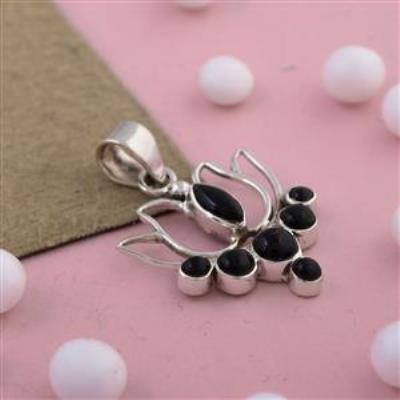 Lotus Design Sterling Silver Black Onyx Pendant | Akrati Jewels Inc