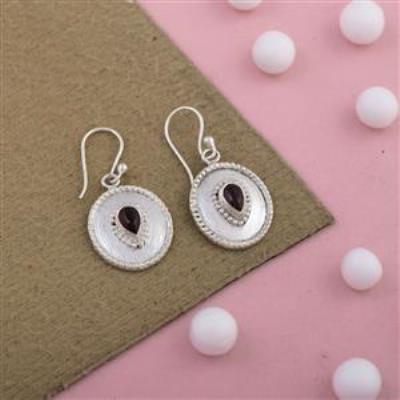 Red Garnet Gemstone Sterling Silver Matte Finish Earring | Akrati Jewels Inc