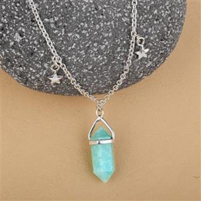 Natural Amazonite Pencil Shape 925 Sterling Silver Reiki Point Pendulum Pendant Necklace With Star Charms On The Chain  | Akrati Jewels Inc