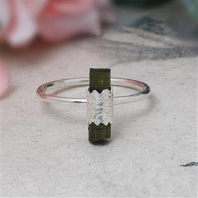 925 sterling silver raw pencil green tourmaline dainty minimalist ring  | Akrati Jewels Inc