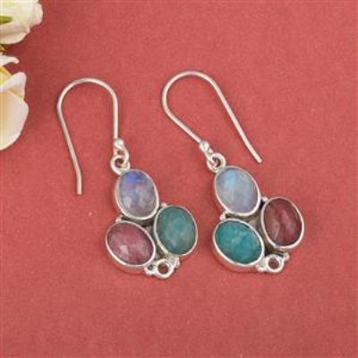 Rainbow Moonstone, Amazonite, Rhodolite Gemstone Sterling Silver Multi Stone Gemstone Hook Dangle Earrings | Akrati Jewels Inc