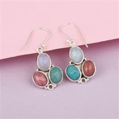 Rainbow Moonstone, Amazonite, Rhodolite Gemstone Sterling Silver Multi Stone Gemstone Hook Dangle Earrings | Akrati Jewels Inc