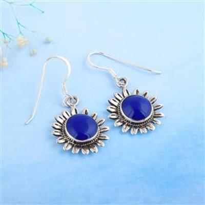 Round Lapis Lazuli Gemstone 925 Sterling Silver Floral Design Dangle Earrings | Akrati Jewels Inc