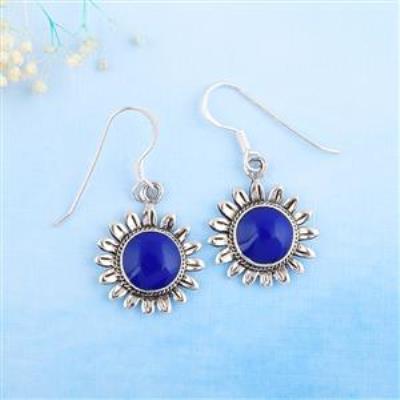 Round Lapis Lazuli Gemstone 925 Sterling Silver Floral Design Dangle Earrings | Akrati Jewels Inc