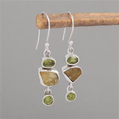 Natural Raw Peridot & Citrine Gemstone Sterling Silver Handmade Dangle Earrings  | Akrati Jewels Inc