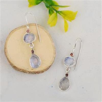 Natural Multi Oval Flashy Moonstone and Garnet Sterling Silver Dangle Earrings Wholesaler | Akrati Jewels Inc