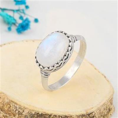 Oval Cab Natural Rainbow Moonstone 925 Sterling Silver Ring | Akrati Jewels Inc