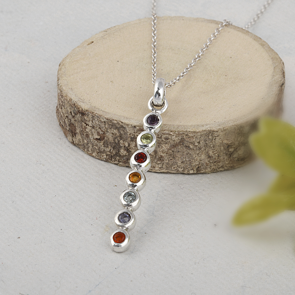 Multi Gemstone 925 Sterling Silver Chakra Pendant Necklace Jewelry